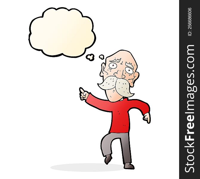 cartoon sad old man pointing with thought bubble