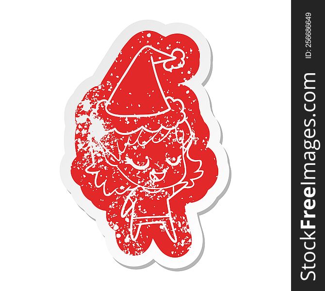 Happy Cartoon Distressed Sticker Of A Elf Girl Wearing Santa Hat