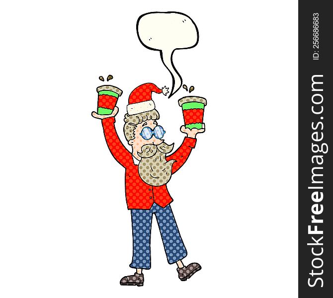 comic book speech bubble cartoon man with coffee cups at christmas