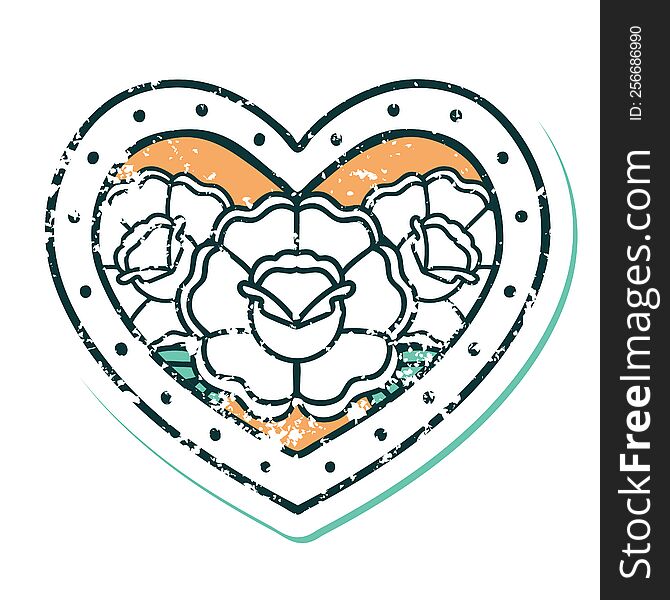 Distressed Sticker Tattoo Style Icon Of A Heart And Flowers