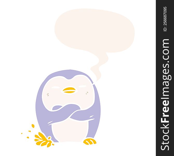 cartoon penguin tapping foot with speech bubble in retro style