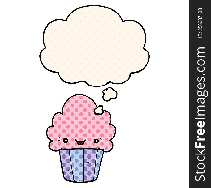 Cartoon Cupcake With Face And Thought Bubble In Comic Book Style