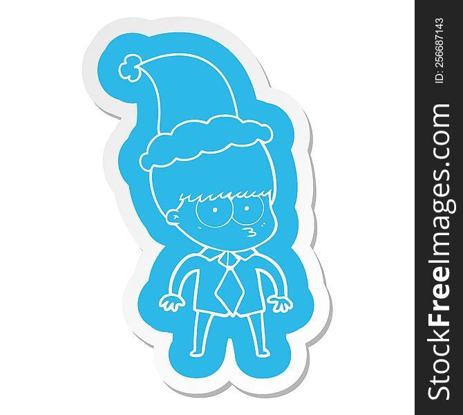 Nervous Cartoon  Sticker Of A Boy Wearing Shirt And Tie Wearing Santa Hat