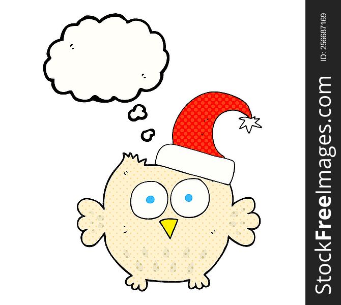 freehand drawn thought bubble cartoon little owl wearing christmas hat