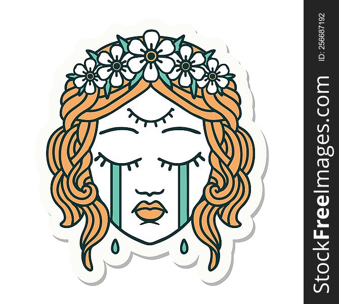 sticker of tattoo in traditional style of female face with third eye and crown of flowers cyring. sticker of tattoo in traditional style of female face with third eye and crown of flowers cyring