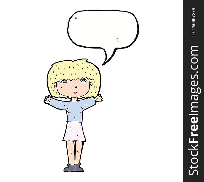 cartoon woman raising arms in air with speech bubble