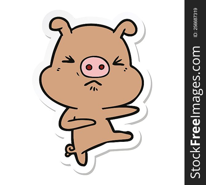 sticker of a cartoon angry pig kicking out