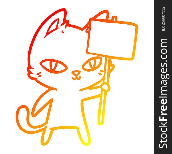 Warm Gradient Line Drawing Cartoon Cat Waving Sign
