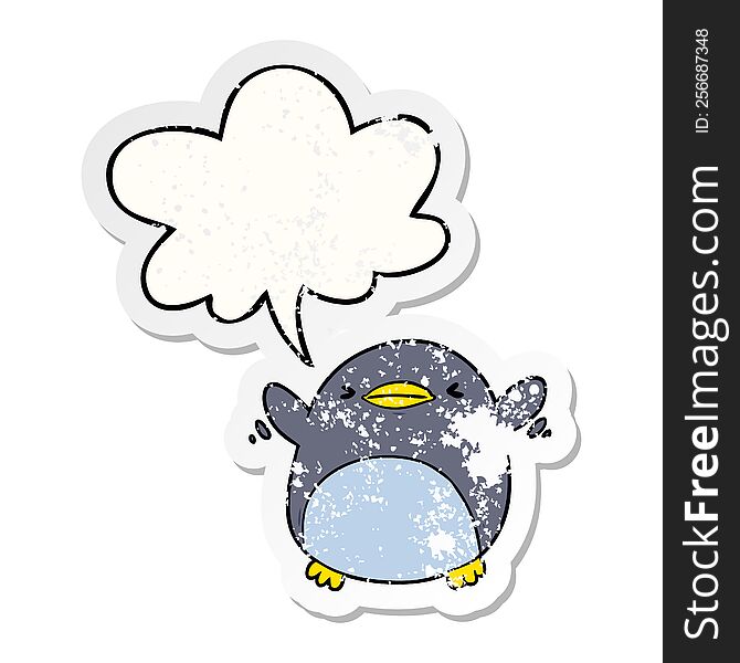 cute cartoon penguin flapping wings and speech bubble distressed sticker
