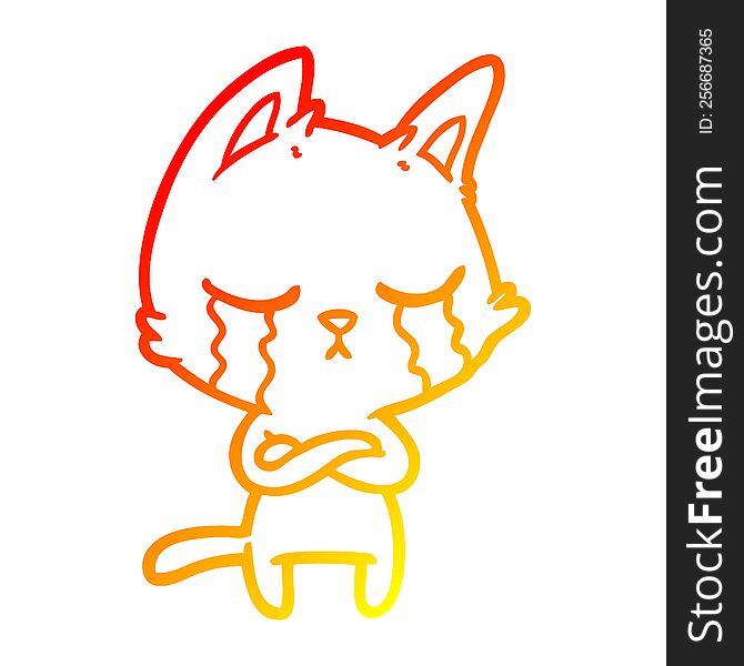 Warm Gradient Line Drawing Crying Cartoon Cat With Folded Arms