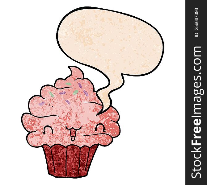 Cute Cartoon Frosted Cupcake And Speech Bubble In Retro Texture Style