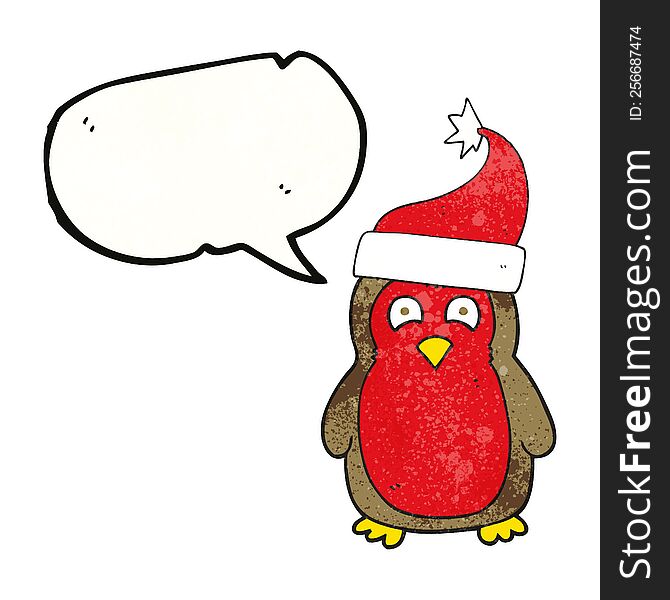 freehand speech bubble textured cartoon christmas robin wearing christmas hat. freehand speech bubble textured cartoon christmas robin wearing christmas hat