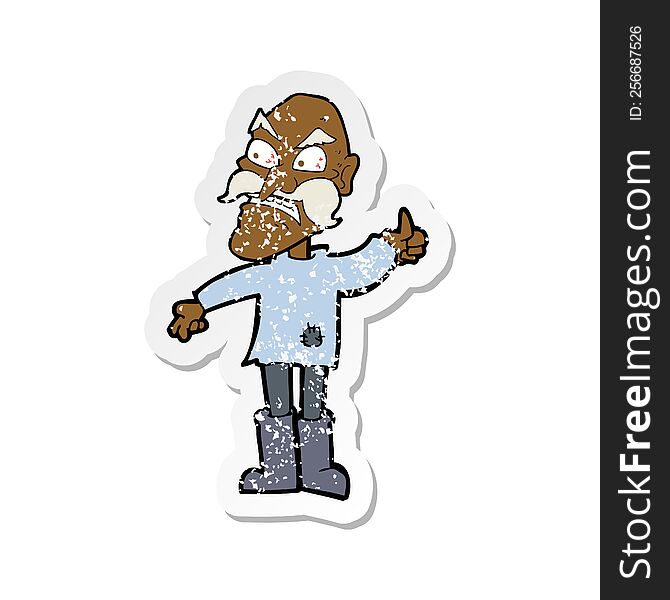 retro distressed sticker of a cartoon angry old man in patched clothing