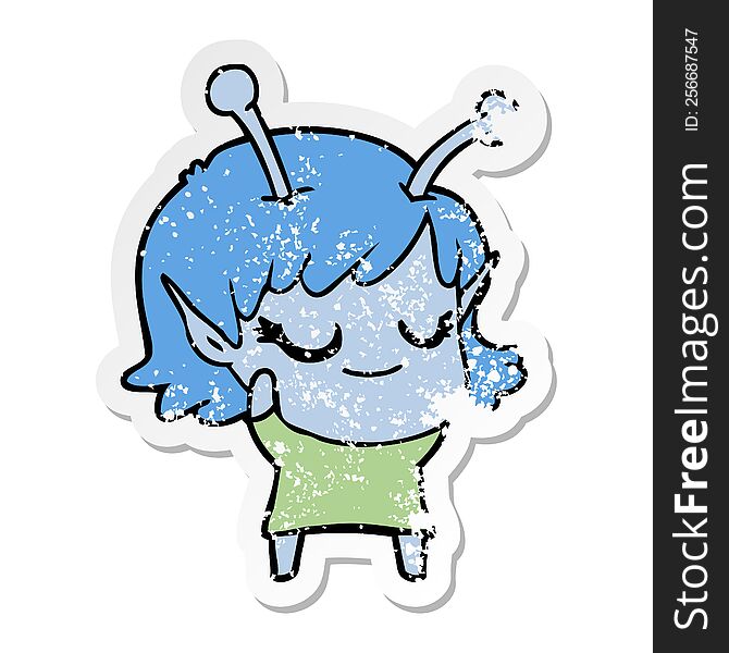 Distressed Sticker Of A Smiling Alien Girl Cartoon