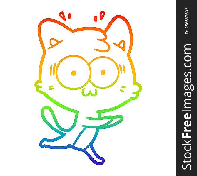 Rainbow Gradient Line Drawing Cartoon Surprised Cat Running