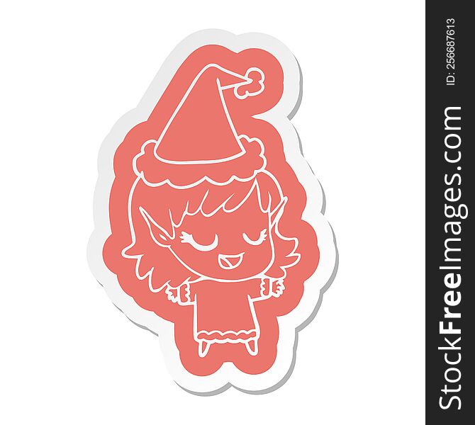 Happy Cartoon  Sticker Of A Elf Girl Wearing Santa Hat