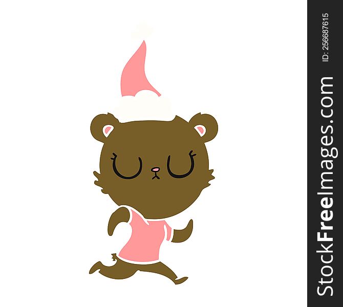 peaceful hand drawn flat color illustration of a bear running wearing santa hat