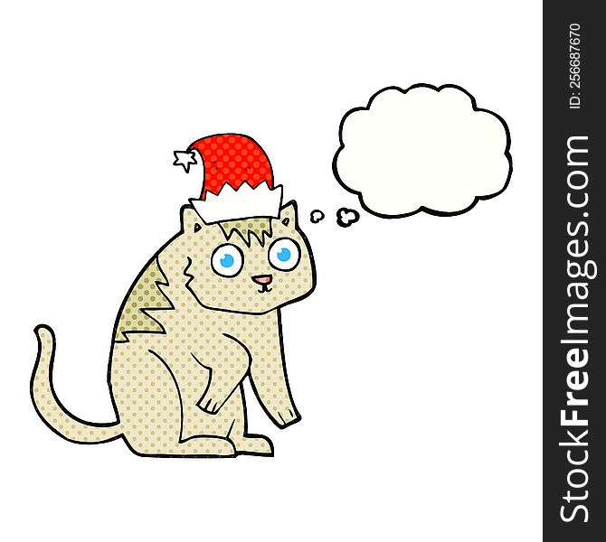 Thought Bubble Cartoon Cat Wearing Christmas Hat