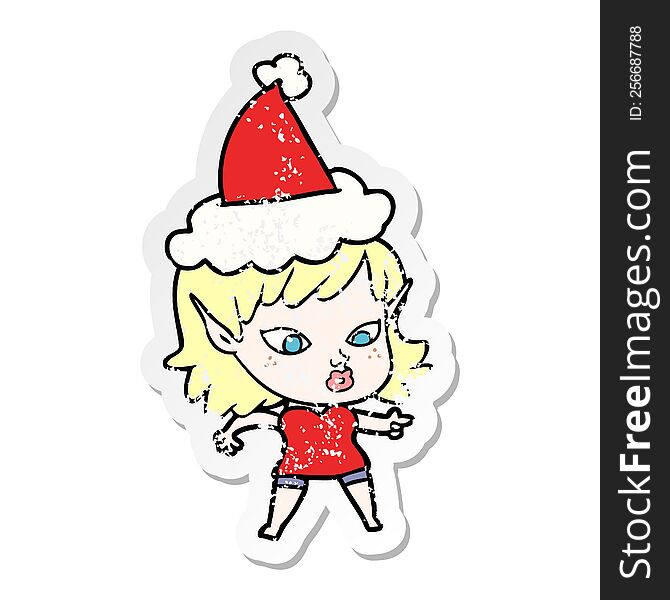 pretty hand drawn distressed sticker cartoon of a elf girl wearing santa hat