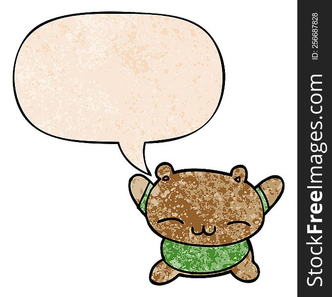 Cartoon Jumping Bear And Speech Bubble In Retro Texture Style
