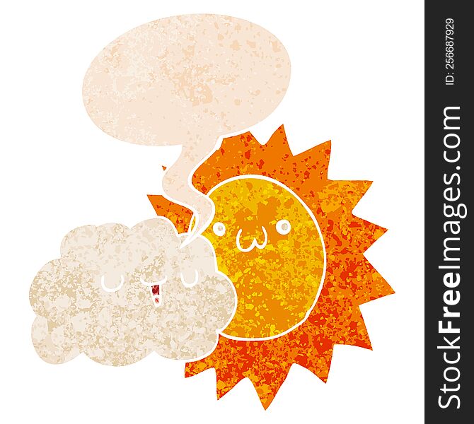 Cartoon Sun And Cloud And Speech Bubble In Retro Textured Style