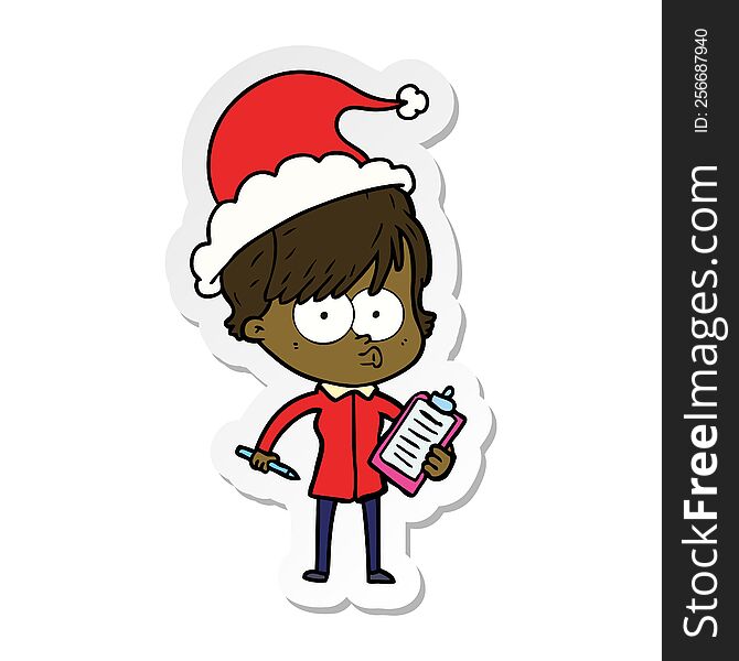 Sticker Cartoon Of A Woman Wearing Santa Hat