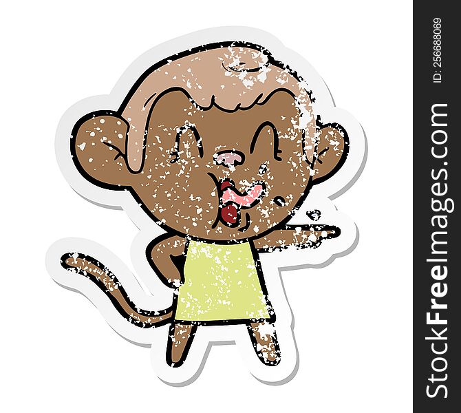 Distressed Sticker Of A Crazy Cartoon Monkey In Dress Pointing