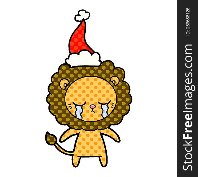 crying hand drawn comic book style illustration of a lion wearing santa hat