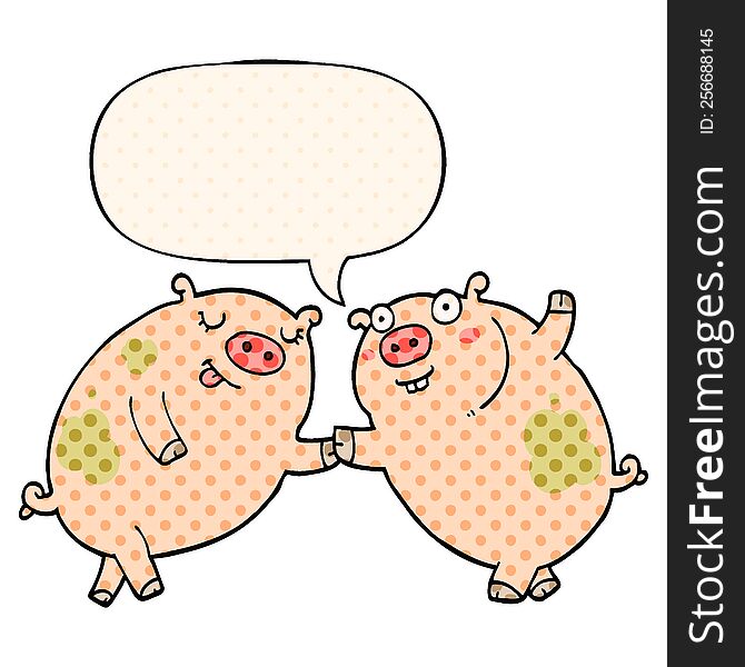 cartoon pigs dancing and speech bubble in comic book style
