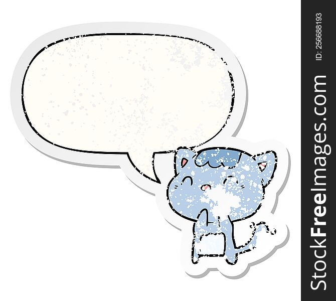 Cute Cartoon Happy Little Cat And Speech Bubble Distressed Sticker