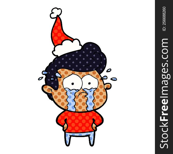 comic book style illustration of a crying man wearing santa hat