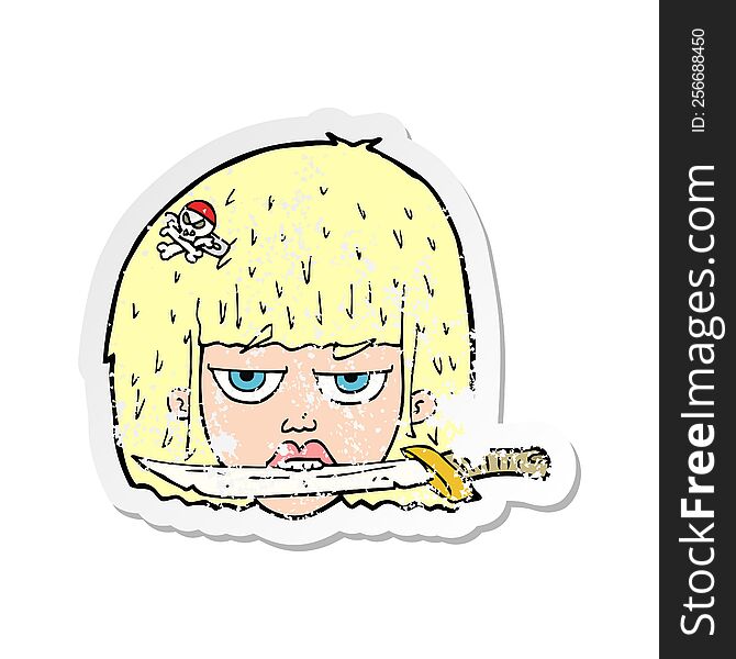 retro distressed sticker of a cartoon woman holding knife between teeth