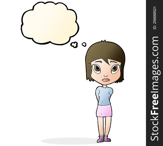 Cartoon Shy Girl With Thought Bubble