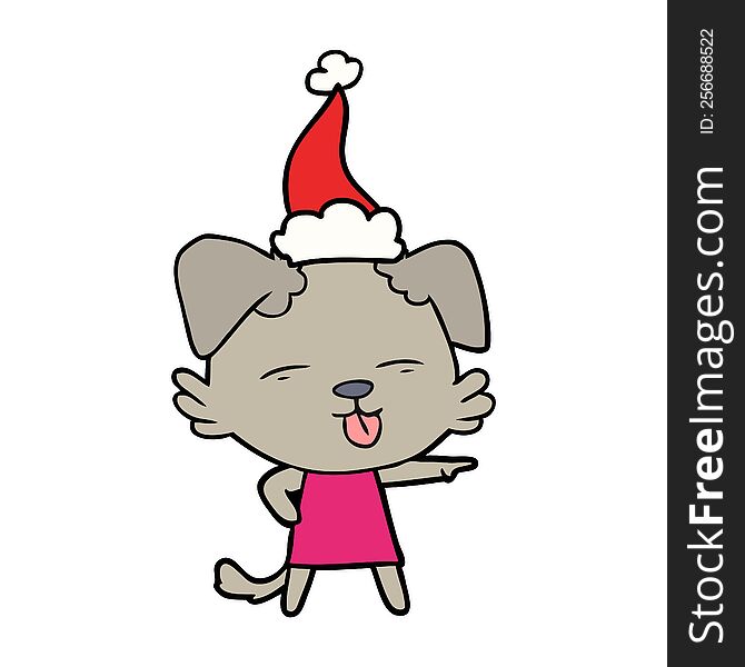 Line Drawing Of A Dog Sticking Out Tongue Wearing Santa Hat