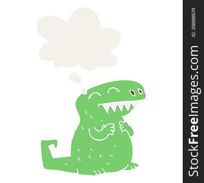 cartoon dinosaur with thought bubble in retro style
