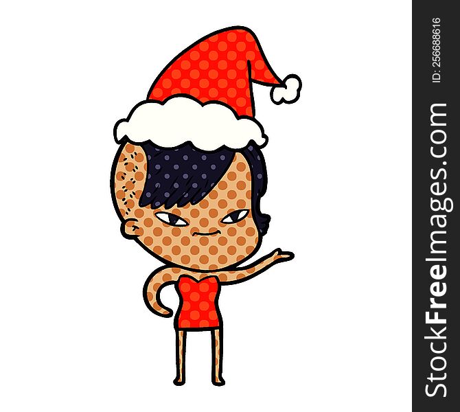 cute hand drawn comic book style illustration of a girl with hipster haircut wearing santa hat