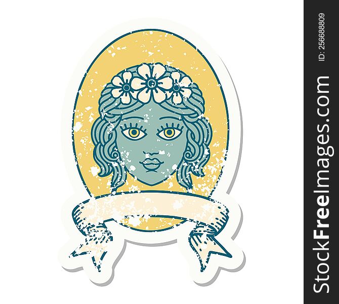 Grunge Sticker With Banner Of A Maiden With Crown Of Flowers