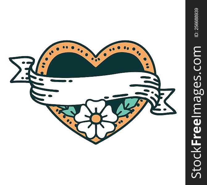 Tattoo Style Icon Of A Heart And Banner With Flowers
