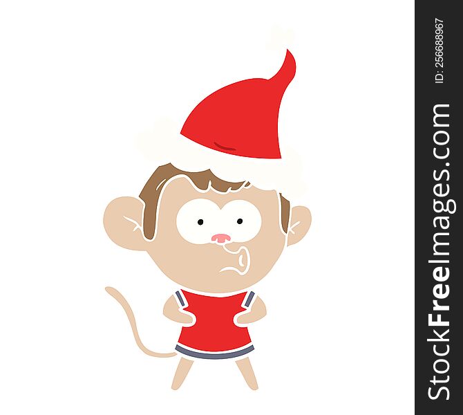 Flat Color Illustration Of A Surprised Monkey Wearing Santa Hat