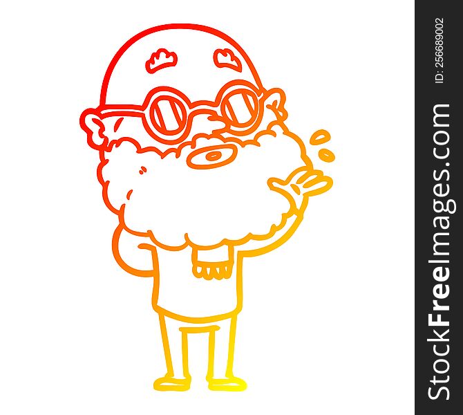 warm gradient line drawing of a cartoon curious man with beard and sunglasses