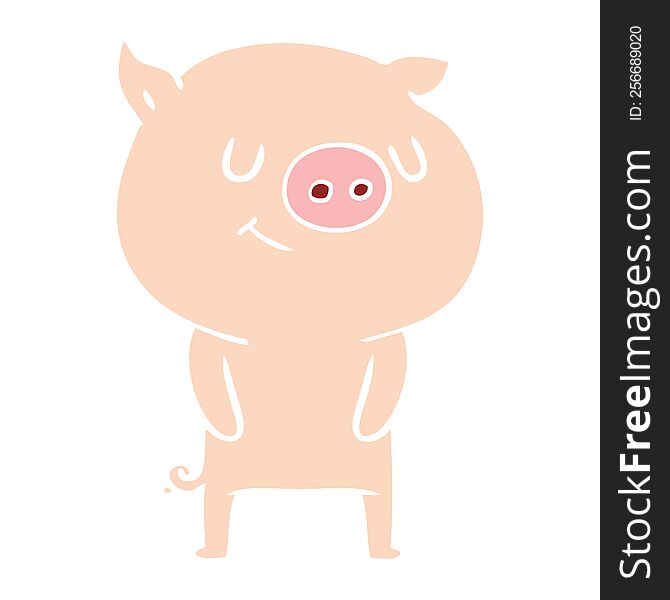 happy flat color style cartoon pig