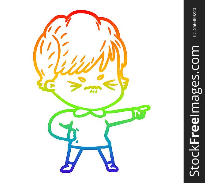 rainbow gradient line drawing of a cartoon frustrated woman