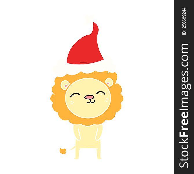 hand drawn flat color illustration of a lion wearing santa hat