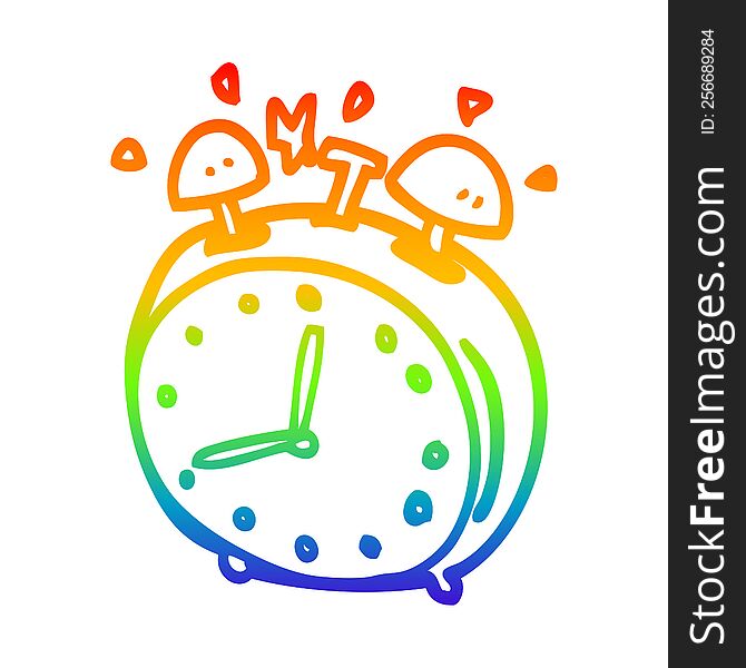 rainbow gradient line drawing of a cartoon alarm clock
