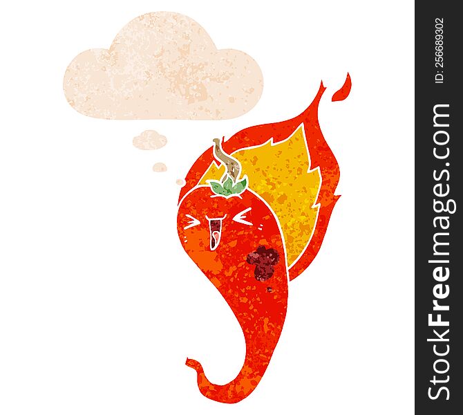 Cartoon Flaming Hot Chili Pepper And Thought Bubble In Retro Textured Style