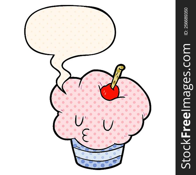 Funny Cartoon Cupcake And Speech Bubble In Comic Book Style