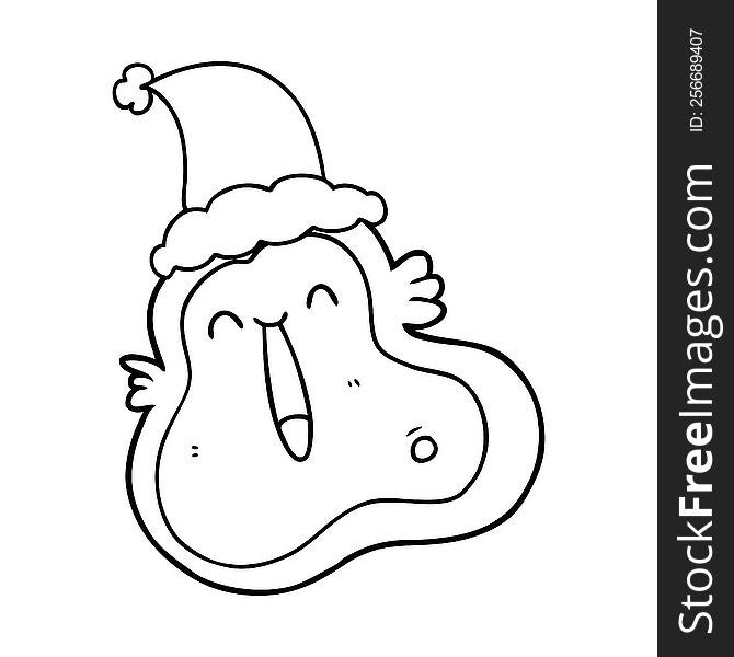 hand drawn line drawing of a germ wearing santa hat