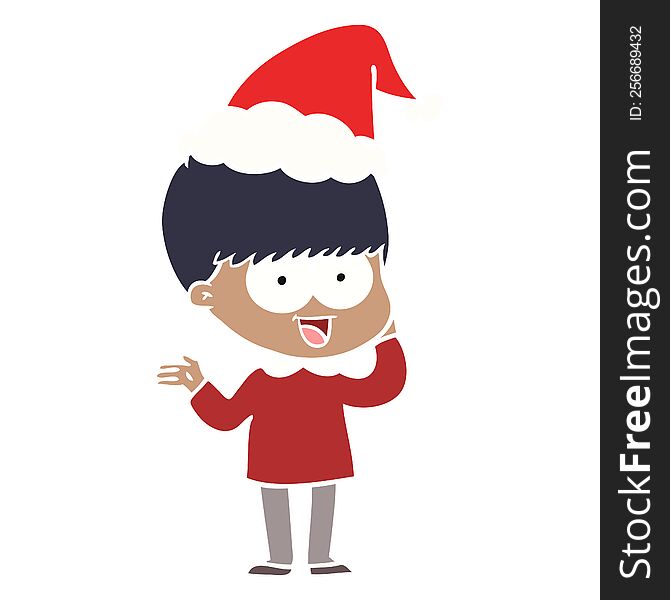 happy hand drawn flat color illustration of a boy wearing santa hat. happy hand drawn flat color illustration of a boy wearing santa hat