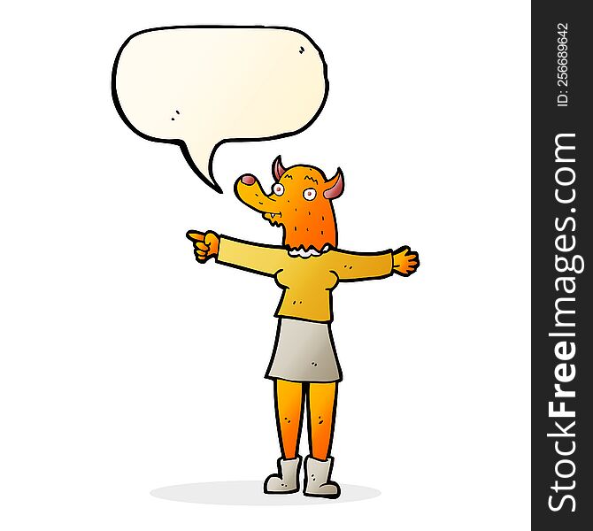 Cartoon Pointing Fox Woman With Speech Bubble