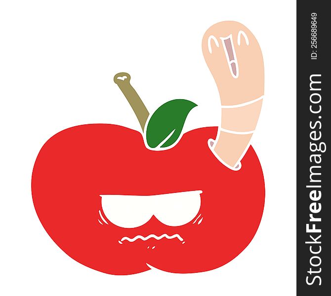 flat color style cartoon worm eating an angry apple